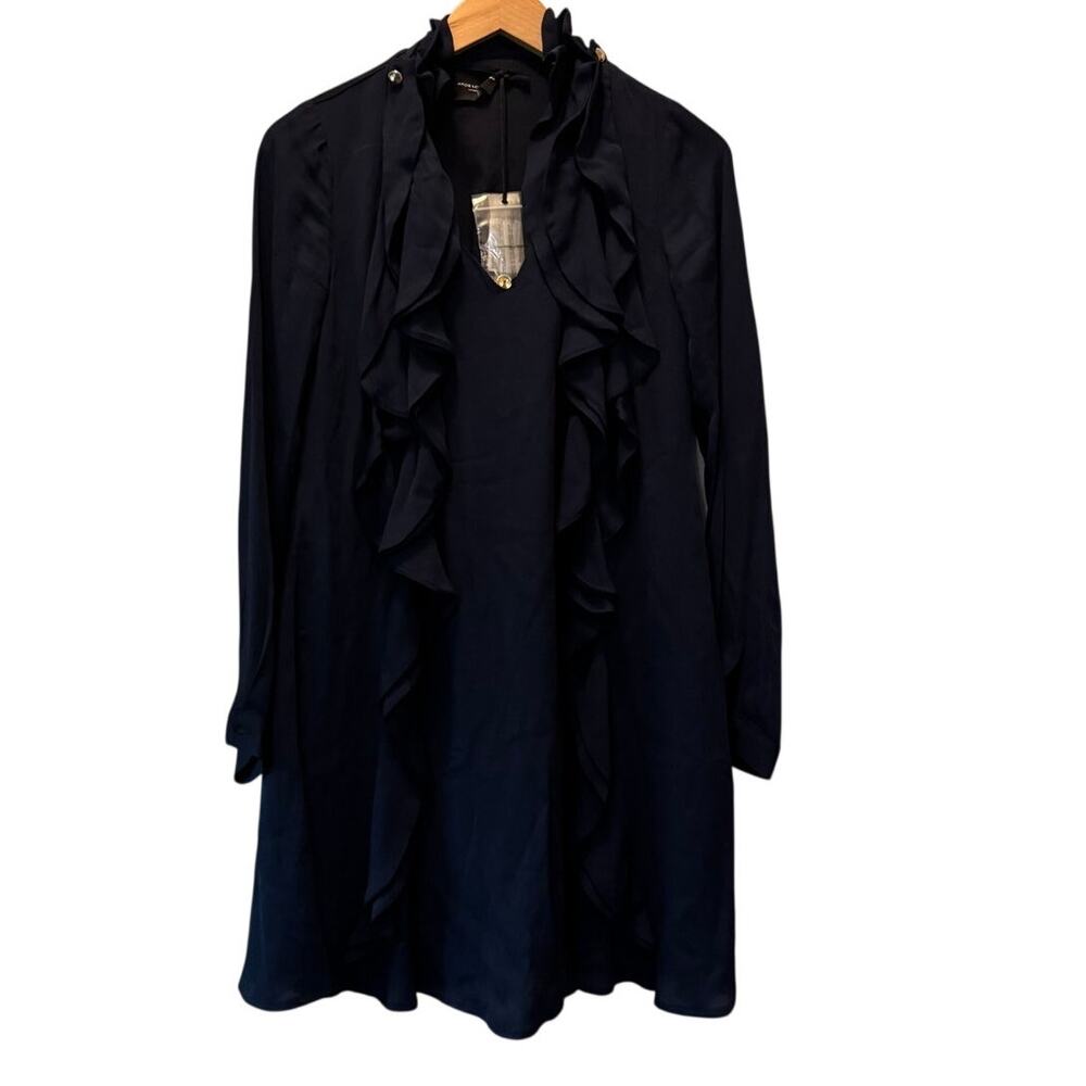 Atos Lombardini Womens Mini Dress Jane Ruffle Front Navy Blue Long Sleeve 40 NWT